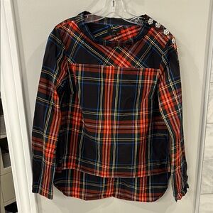 J. Crew Blue and Orange Collar Long Sleeve Asymmetrical Blouse